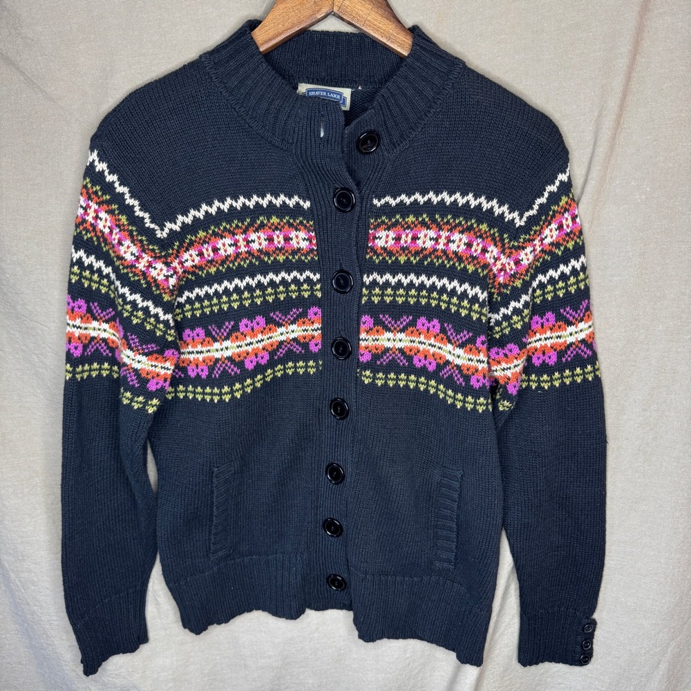 Vintage Womens Small Fair Isle Nordic Knit Cardigan Sweater Mock Neck 90's Mom